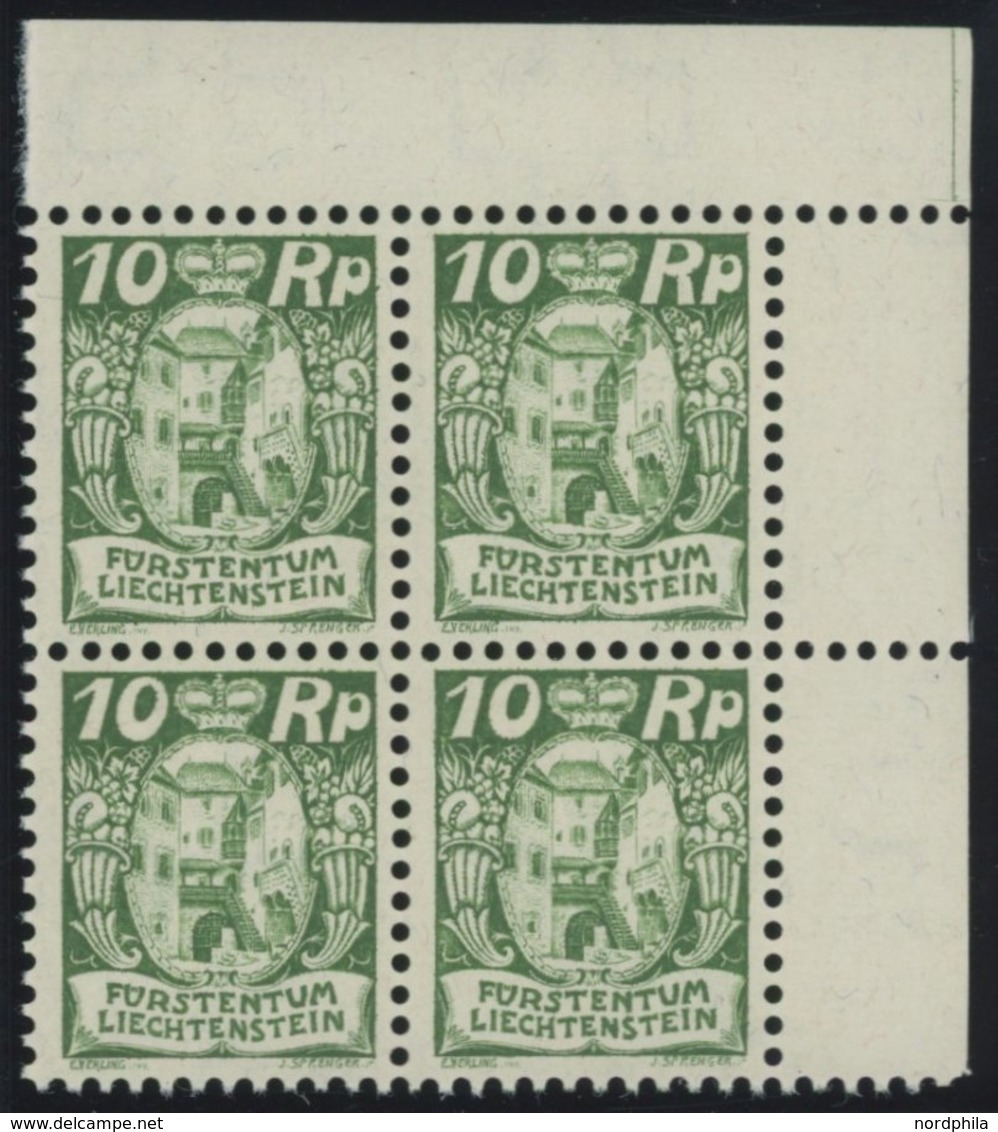 LIECHTENSTEIN 68 VB **, 1925, 10 Rp. Schwarzgelblichgrün Im Viererblock Aus Der Rechten Oberen Bogenecke, Postfrisch, Pr - Andere & Zonder Classificatie