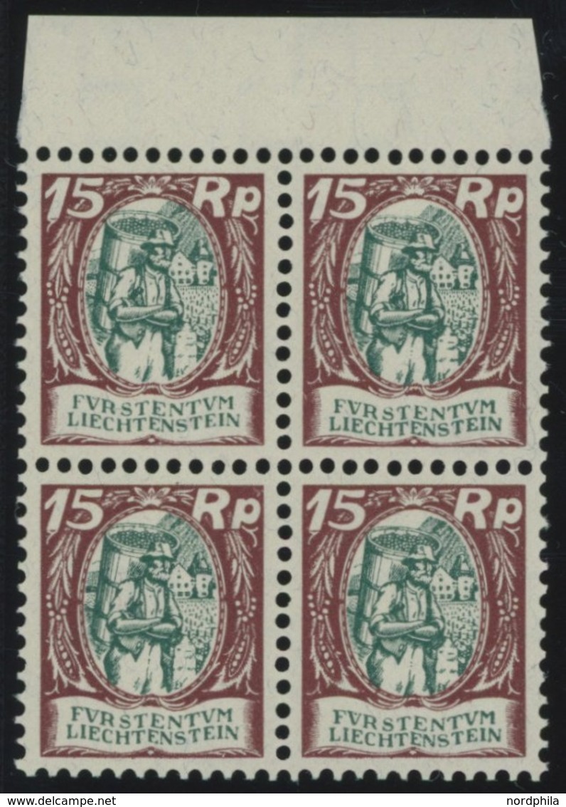 LIECHTENSTEIN 69 VB **, 1927, 15 Rp. Dunkelkarminbraun/dunkelbläulichgrün Im Oberrandviererblock, Pracht, Mi. 160.- - Other & Unclassified