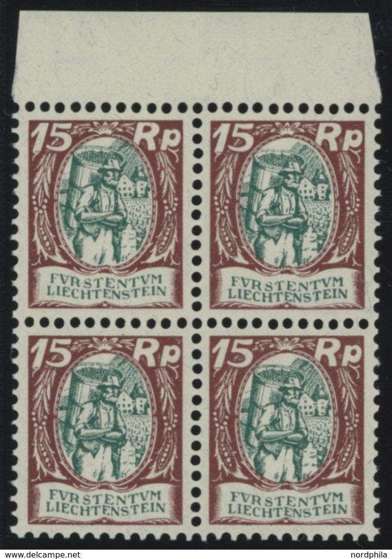 LIECHTENSTEIN 69 VB **, 1927, 15 Rp. Dunkelkarminbraun/dunkelbläulichgrün Im Oberrandviererblock, Pracht, Mi. 160.- - Autres & Non Classés