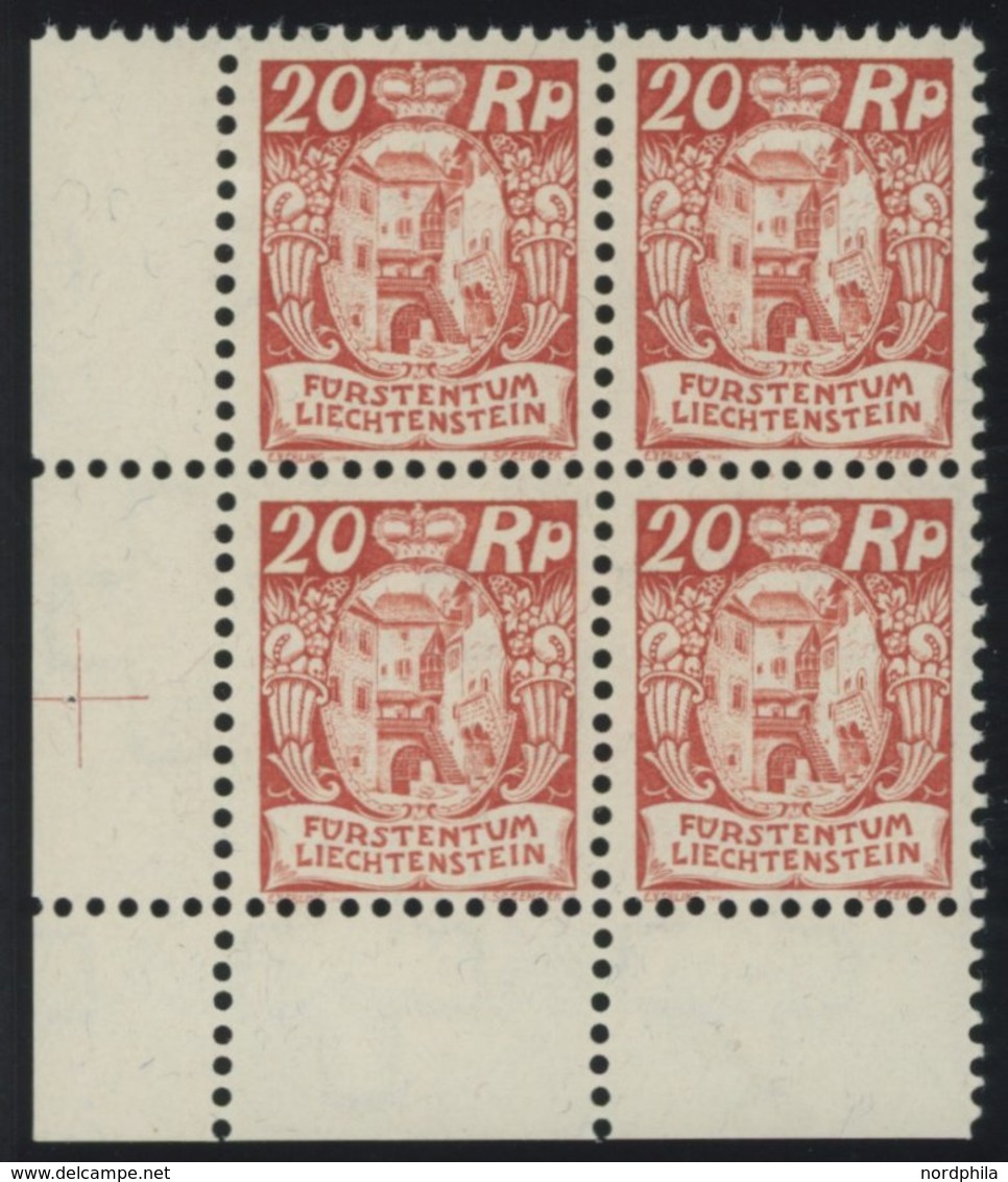 LIECHTENSTEIN 70 VB **, 1926, 20 Rp. Dunkelzinnoberrot Im Linken Unteren Eckrandviererblock, Postfrisch, Prcaht, Mi. 680 - Andere & Zonder Classificatie