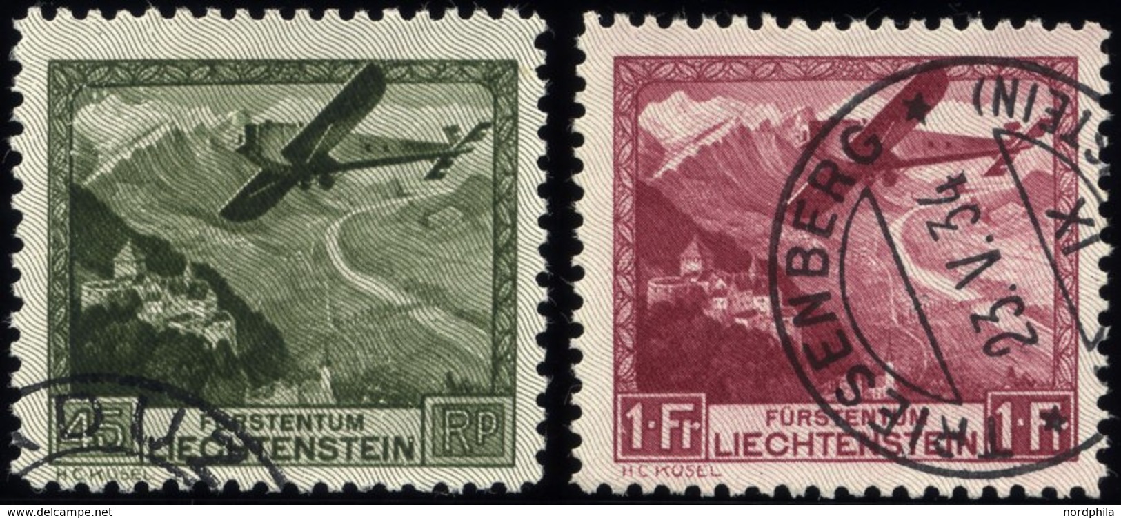 LIECHTENSTEIN 112/3 O, 1930, 45 Rp. Und 1 Fr. Flugzeug über Landschaften, 2 Prachtwerte, Mi. 170.- - Andere & Zonder Classificatie