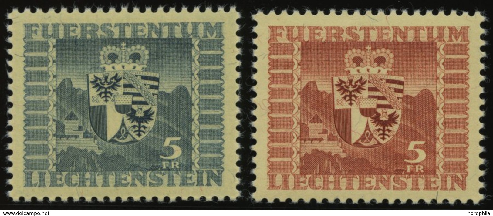 LIECHTENSTEIN 243,252 **, 1945/7, 5 Fr. Wappen, 2 Prachtwerte, Mi. 79.- - Otros & Sin Clasificación