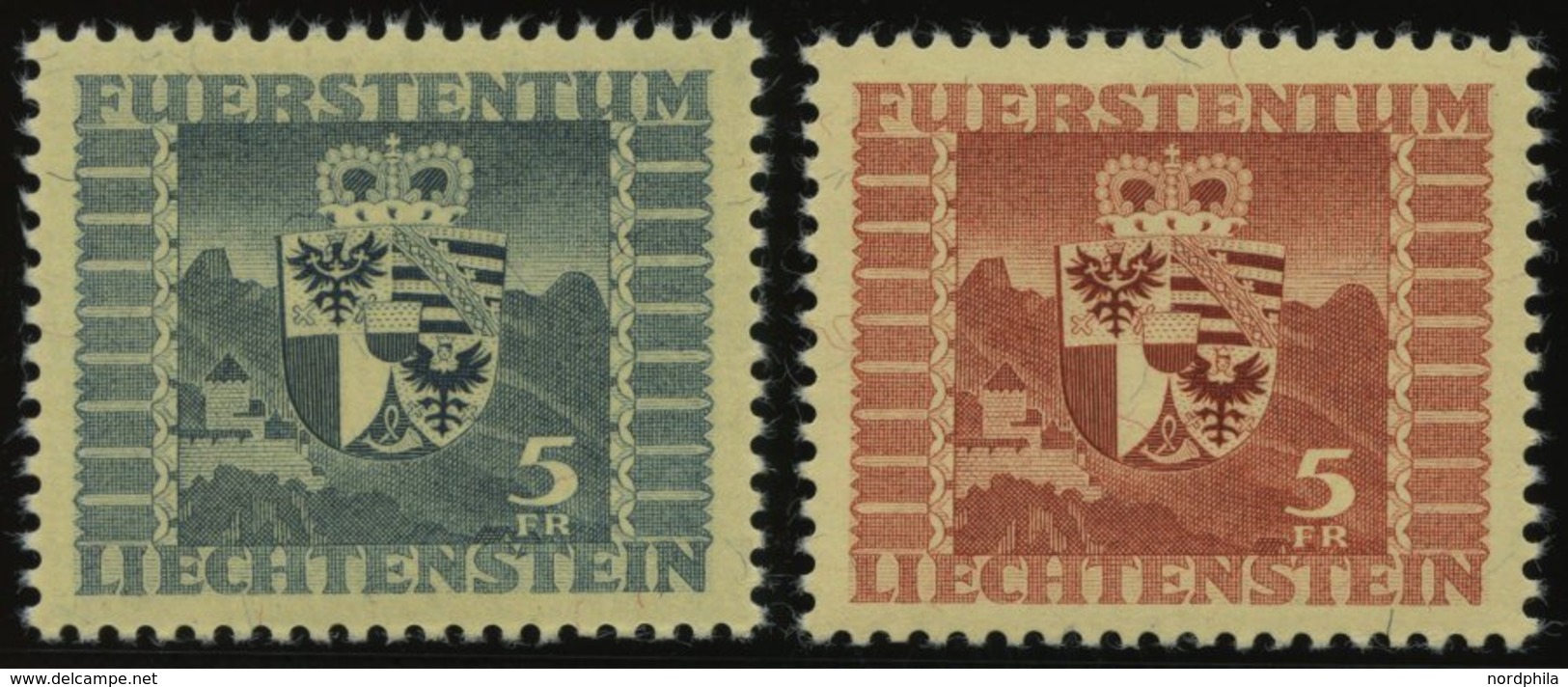 LIECHTENSTEIN 243,252 **, 1945/7, 5 Fr. Wappen, 2 Prachtwerte, Mi. 79.- - Autres & Non Classés
