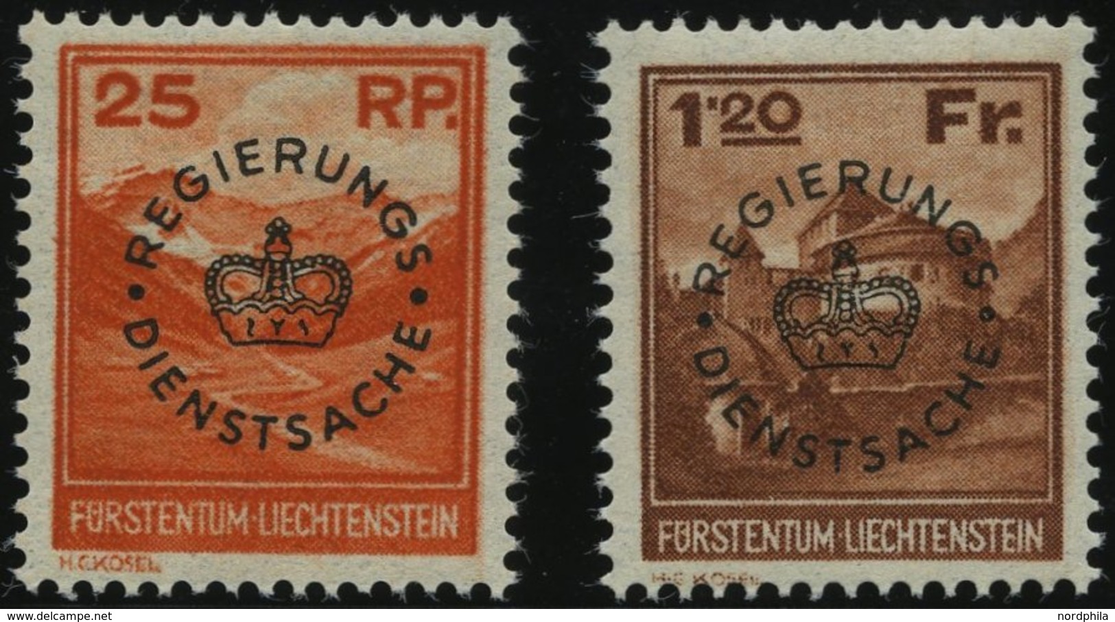 DIENSTMARKEN D 9/10 *, 1933, 25 Rp. Valünatal Und Naafkopf Und 1.20 Fr. Burg Vaduz, Falzrest, Pracht, Mi. 135.- - Dienstzegels