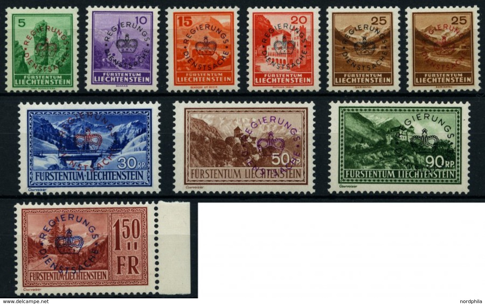 DIENSTMARKEN D 11-19a,b **, 1934, Freimarken, 25 Rp. Beide Aufdruckfarben, 10 Prachtwerte, Mi. 380.- - Oficial