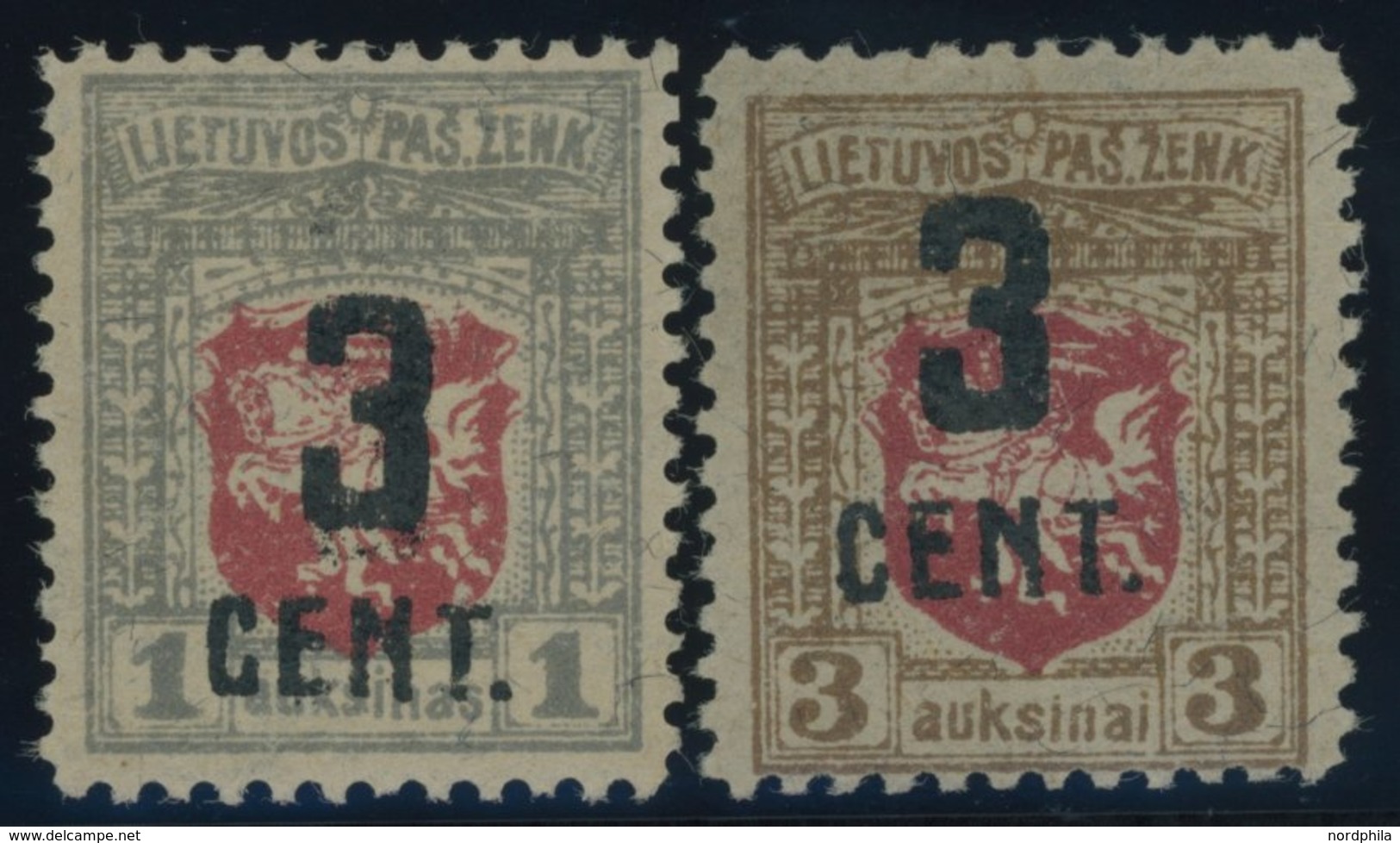 LITAUEN 151/2 *, 1922, 3 C. Auf 1 A. Grau/karmin Und Auf 3 A. Braun/karmin, Falzreste, 2 Prachtwerte - Lituania