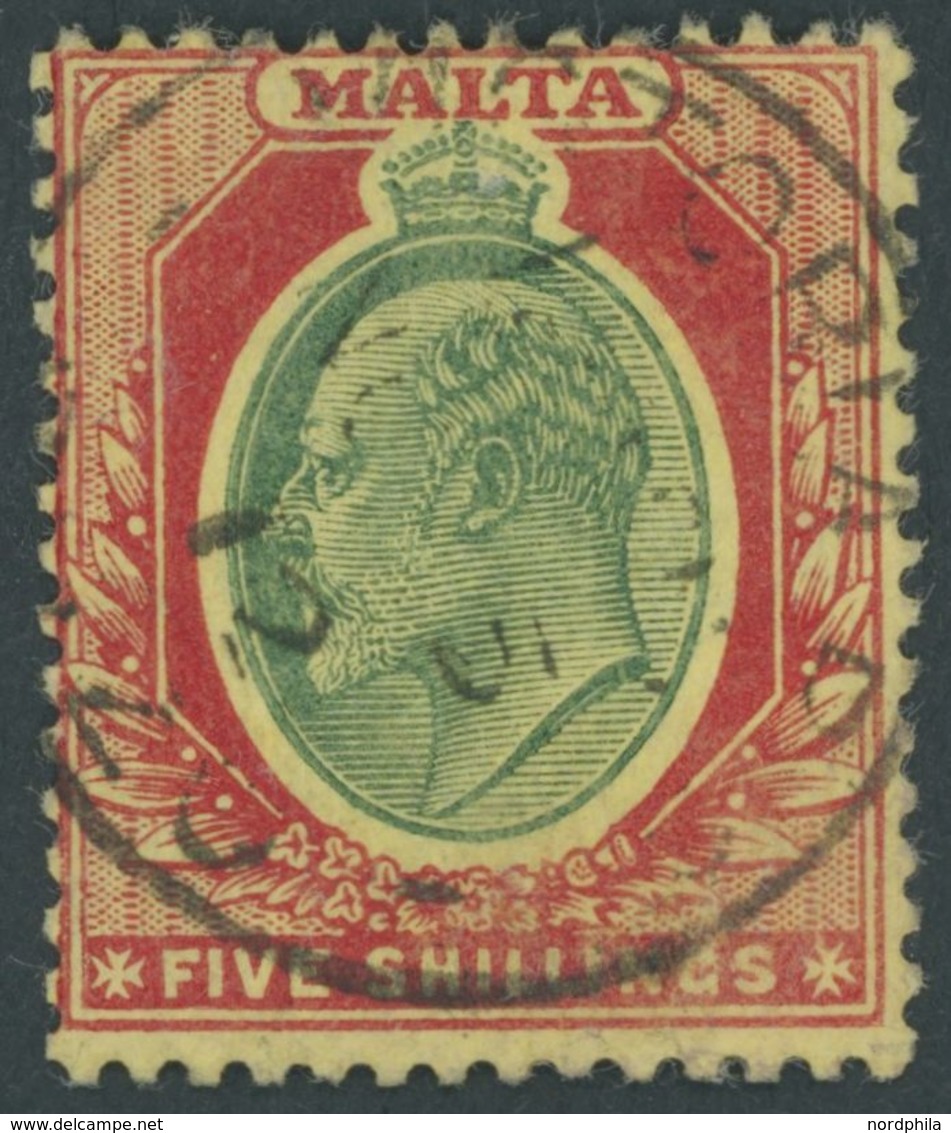 MALTA 40 O, 1911, 5 Sh. Karmin/hellgrün Auf Gelb, Feinst, Mi. 110.- - Malte