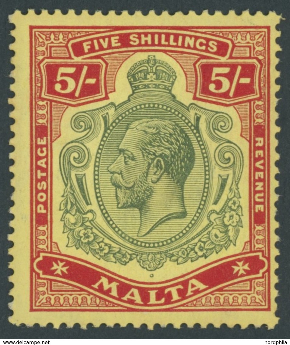 MALTA 51 *, 1917, 5 Sh. Rot/grün Auf Gelb, Falzrest, Pracht, Mi. 110.- - Malta