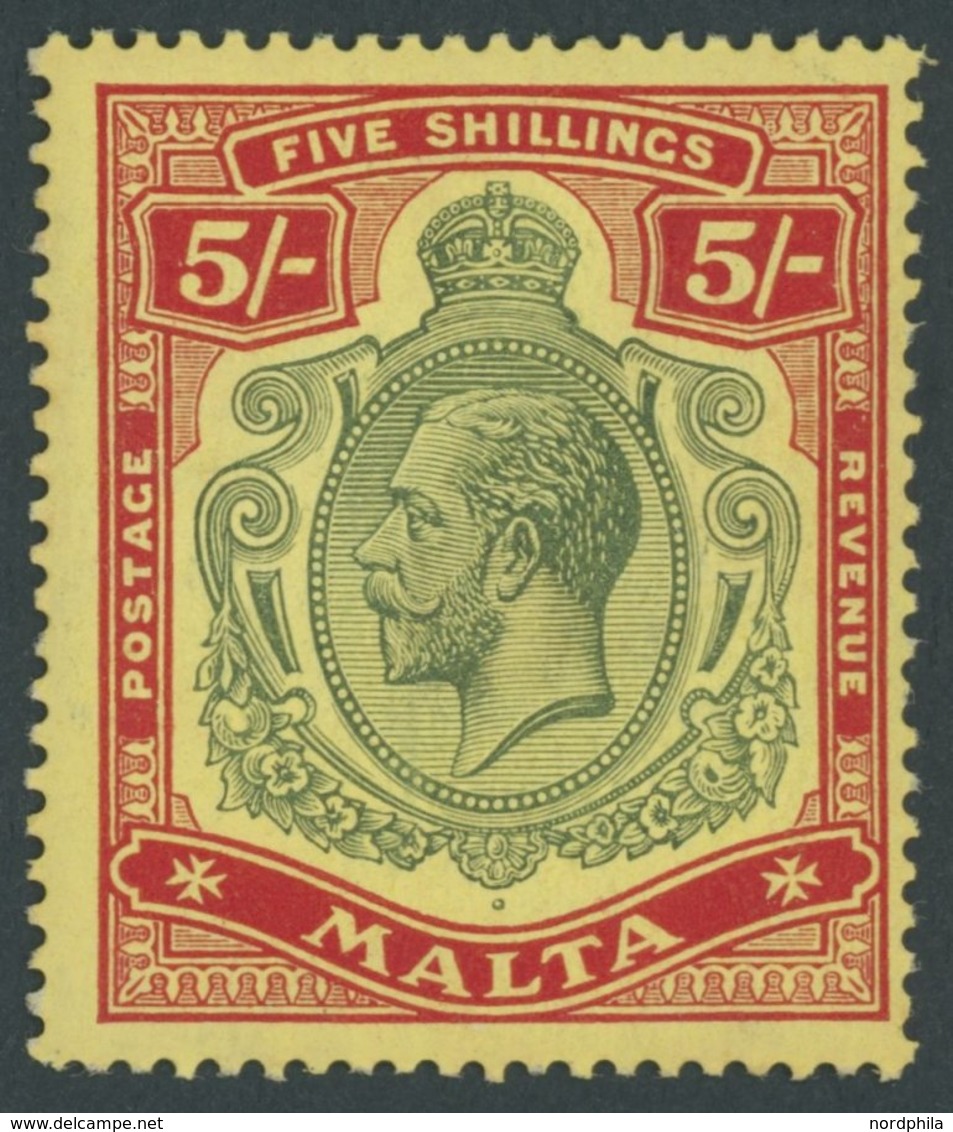 MALTA 51 *, 1917, 5 Sh. Rot/grün Auf Gelb, Falzrest, Pracht, Mi. 110.- - Malte