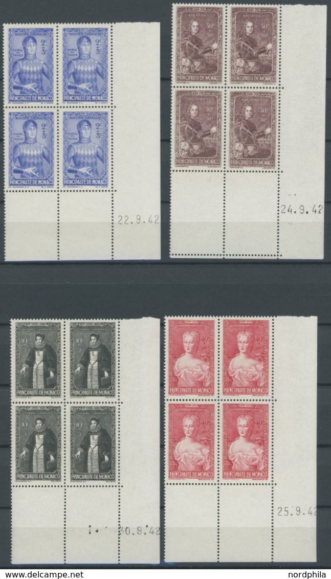 MONACO 273-87 VB **, 1942, Bildnisse Früherer Herrscher In Unteren Rechten Eckrandviererblocks Mit Druckdatum, Postfrisc - Andere & Zonder Classificatie