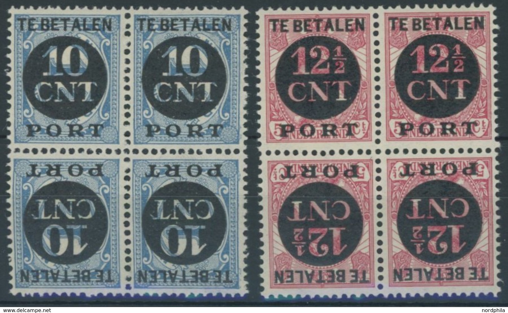 PORTOMARKEN P 67/8K **, 1924, 10 C. Auf 11/2 C. Blau Und 121/2 C. Auf 5 C. Karmin In Kehrdruckviererblocks, Postfrisch,  - Tasse