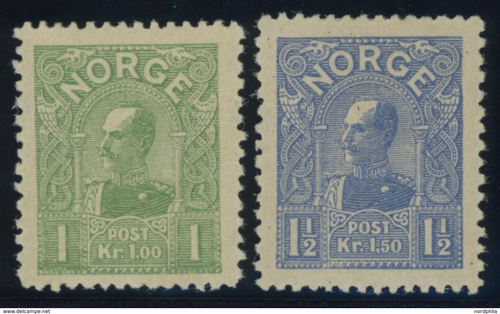 NORWEGEN 67/8 *, 1907, 1 Und 11/2 Kr. König Haakon VII, Falzreste, 2 Prachtwerte, Mi. 110.- - Andere & Zonder Classificatie