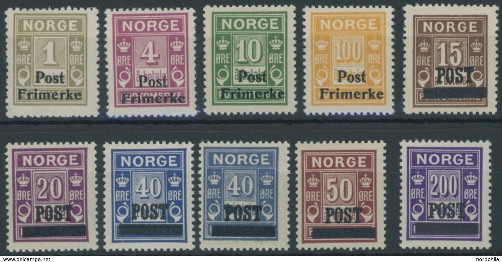 NORWEGEN 141-29a,b **, 1929, Portomarken, 40 Ø Beide Farben, Postfrischer Prachtsatz (10 Werte), Mi. 77.- - Autres & Non Classés