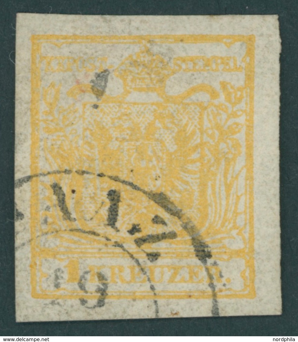 ÖSTERREICH BIS 1867 1Xa O, 1850, 1 Kr. Ockergelb, Handpapier, Type III, Großes Wasserzeichen-Teil!, K2 (S)AAZ, Pracht, F - Usati