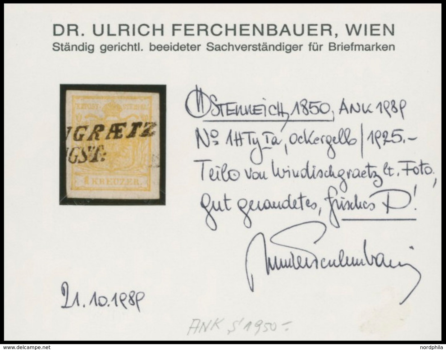 ÖSTERREICH BIS 1867 1Xa O, 1850, 1 Kr. Ockergelb, Handpapier, Type Ia, L2 (WINDISCH)GRAETZ, Pracht, Fotobefund Dr. Ferch - Used Stamps