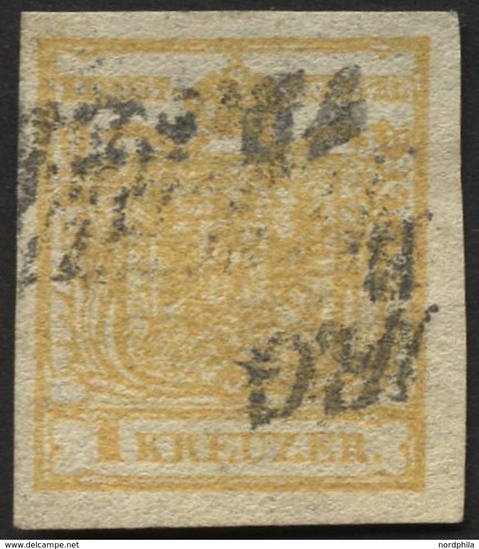 ÖSTERREICH 1XaDG O, 1850, 1 Kr. Gelb, Handpapier, Doppelseitiger Druck, Pracht, Mi. 180.- - Oblitérés