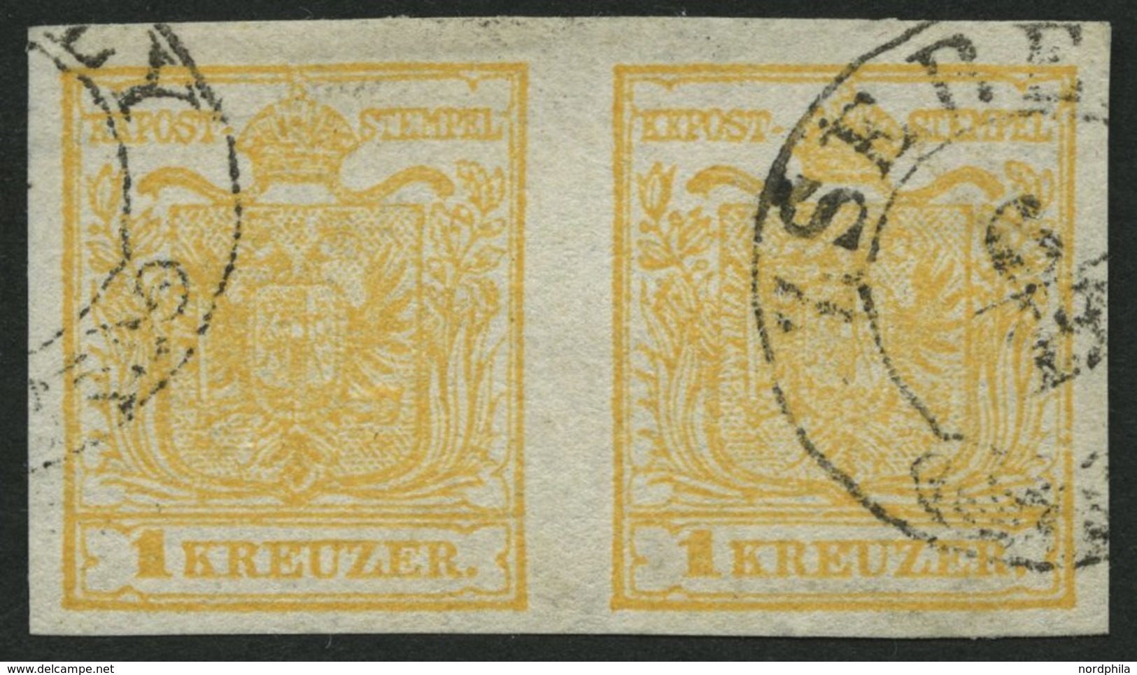 ÖSTERREICH 1Xb Paar O, 1850, 1 Kr. Gelbocker, Handpapier, Im Waagerechten Paar, Ungarischer Stempel ZSEBELY, Pracht - Oblitérés