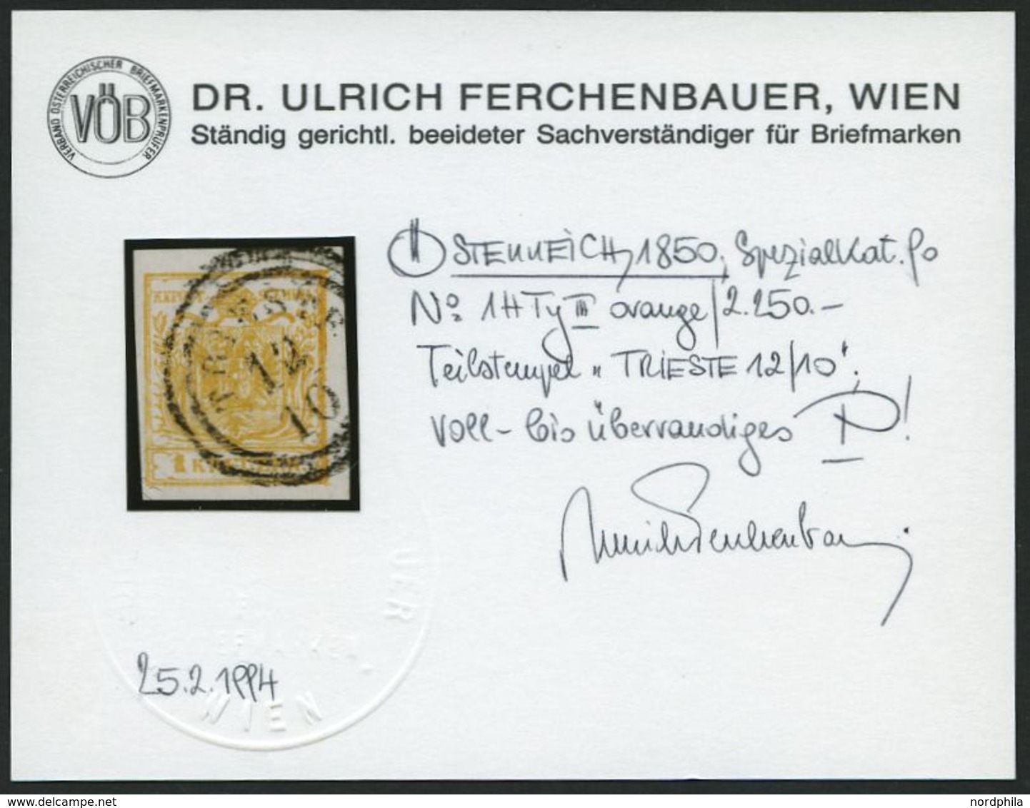 ÖSTERREICH 1Xb O, 1850, 1 Kr. Orange, Handpapier, Type III, K2 TRIESTE, Voll-breitrandig, Pracht, Fotobefund Dr. Ferchen - Used Stamps