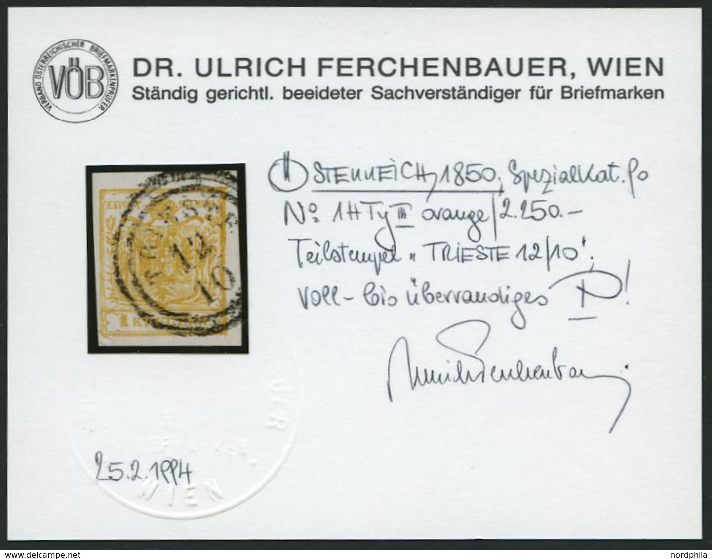 ÖSTERREICH 1Xb O, 1850, 1 Kr. Orange, Handpapier, Type III, K2 TRIESTE, Voll-breitrandig, Pracht, Fotobefund Dr. Ferchen - Oblitérés