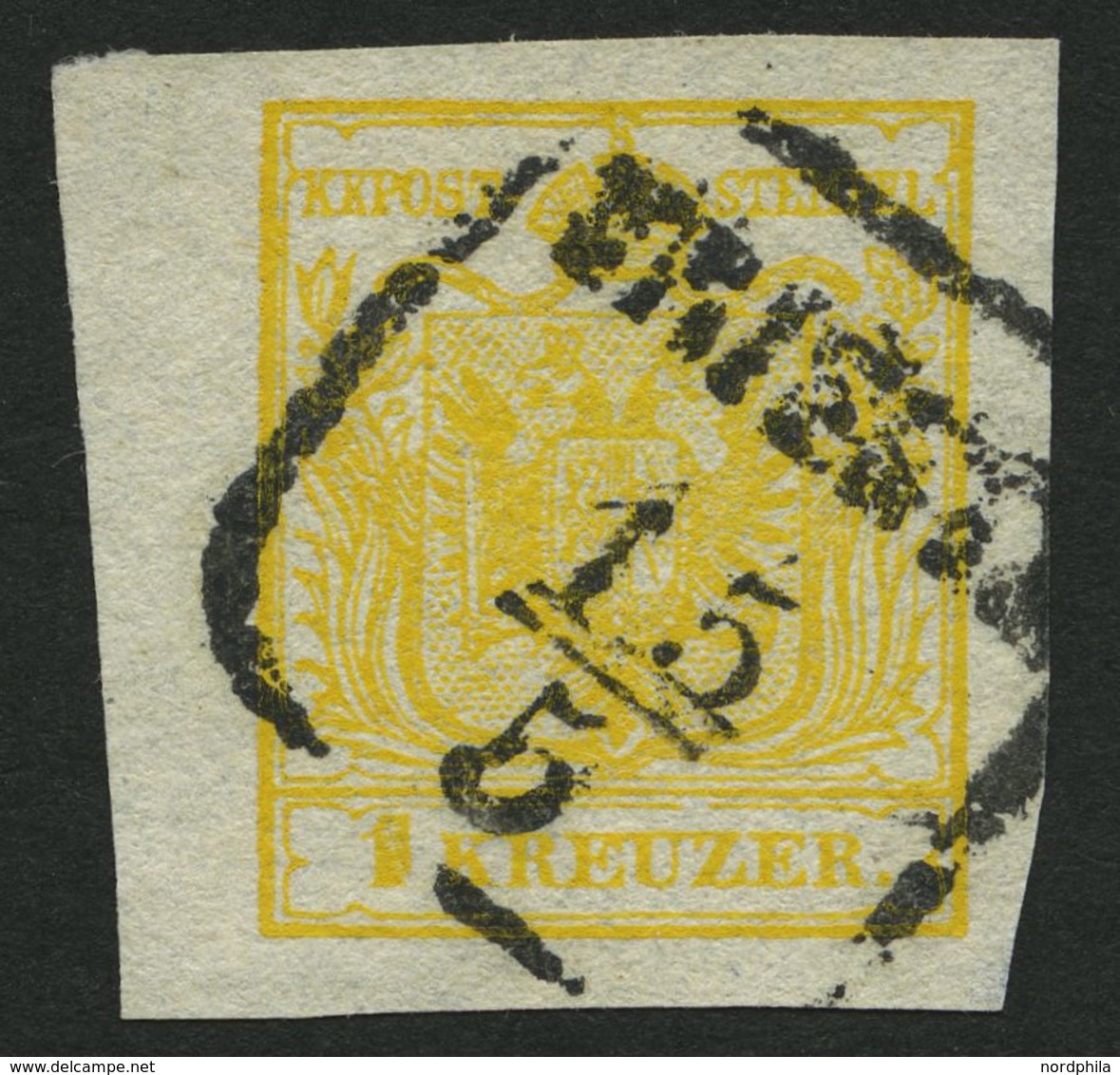 ÖSTERREICH 1Xd O, 1850, 1 Kr. Tiefkadmiumgelb, Handpapier, Type III, Linkes Randstück, Stempel TRIEST, Kabinett, Fotobef - Usati