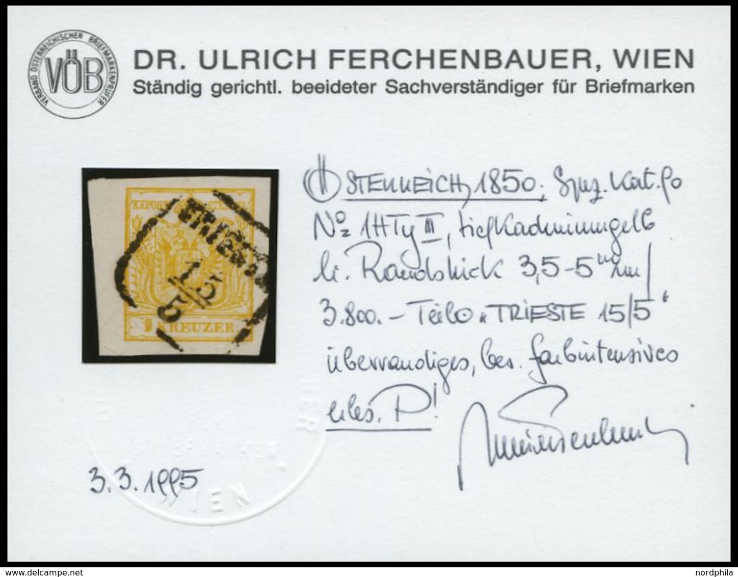 ÖSTERREICH 1Xd O, 1850, 1 Kr. Tiefkadmiumgelb, Handpapier, Type III, Linkes Randstück, Stempel TRIEST, Kabinett, Fotobef - Used Stamps