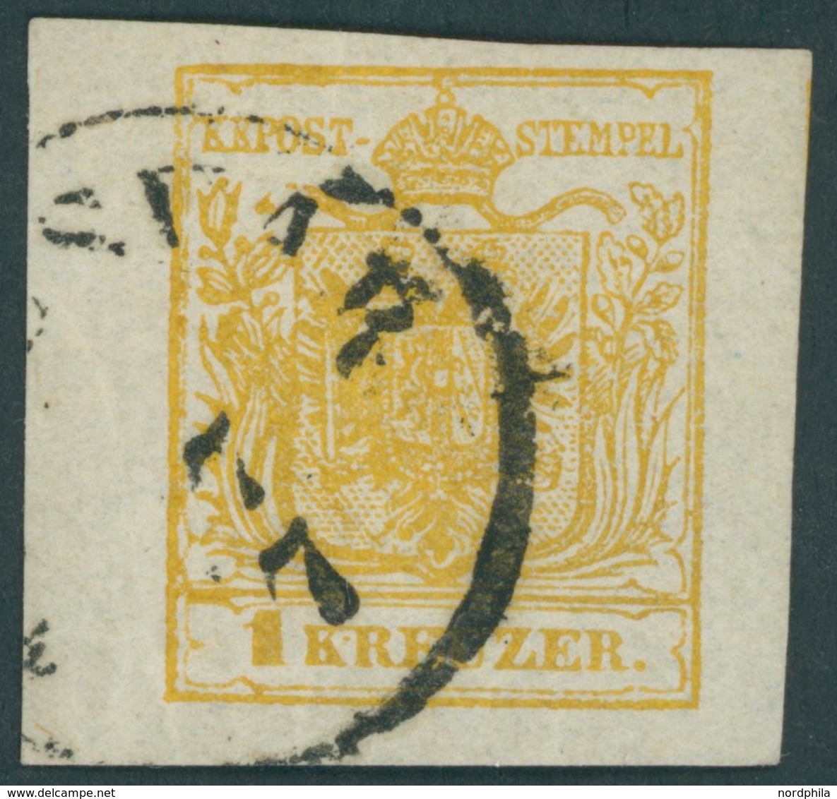 ÖSTERREICH BIS 1867 1Xd O, 1850, 1 Kr. Kadmiumgelb, Handpapier, Type III, Linkes Randstück 5 Mm, K1 (TEME)SVAR, Meist Ri - Gebruikt