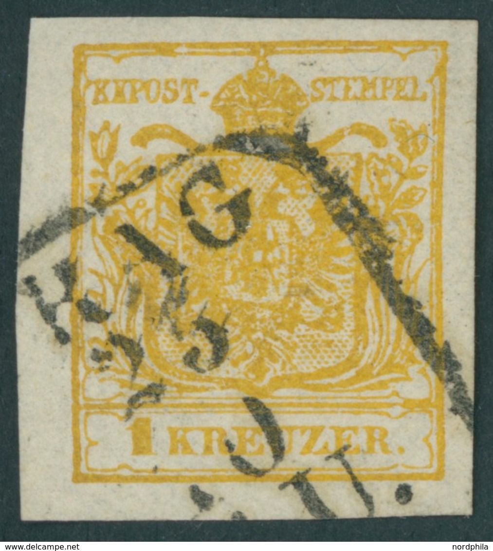 ÖSTERREICH BIS 1867 1Xd O, 1850, 1 Kr. Kadmiumgelb, Handpapier, Type III, R4 (P)RAG, Breitrandig, Farbtiefes Kabinettstü - Usados