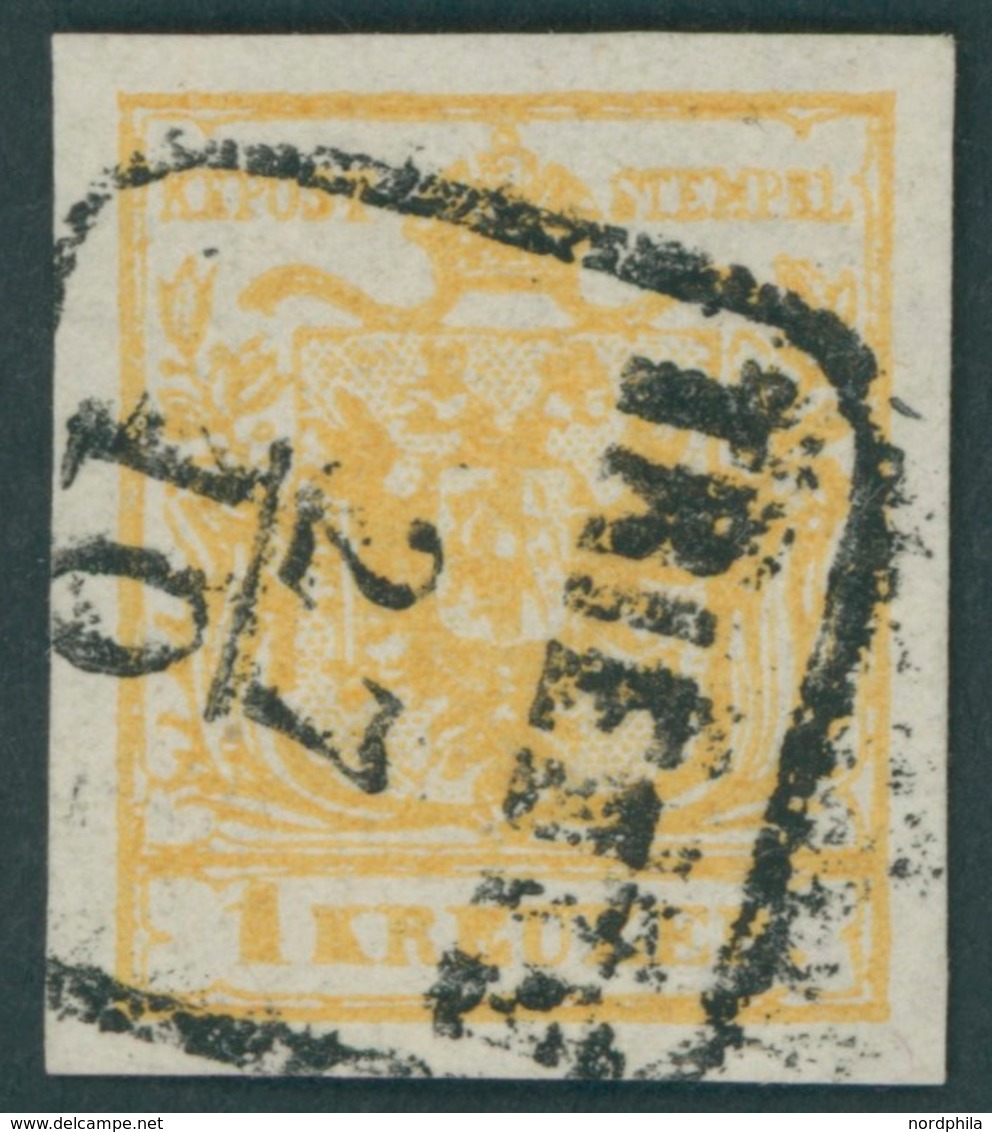 ÖSTERREICH BIS 1867 1Xd O, 1850, 1 Kr. Kadmiumgelb, Handpapier, Type III, R3 TRIEST, Abgenutzter Druck, Pracht, Fotobefu - Usati