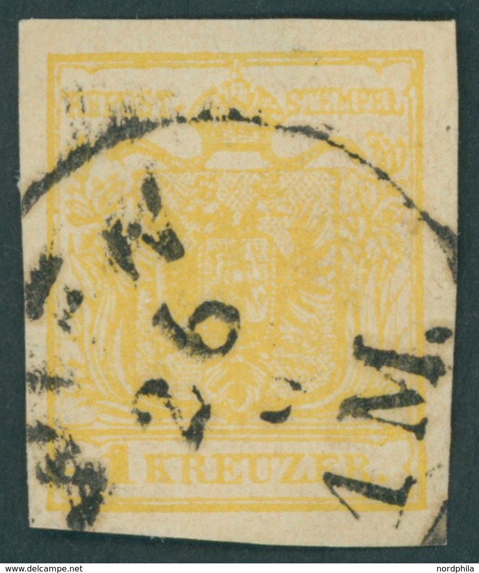 ÖSTERREICH BIS 1867 1Y O, 1854, 1 Kr. Chromgelb, Maschinenpapier, Type III, K1 WIEN, Pracht, Fotobefund Dr. Ferchenbauer - Usati