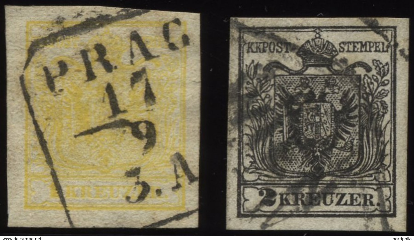 ÖSTERREICH 1,2Ya O, 1854, 1 Kr. Gelb Und 2 Kr. Schwarz, Maschinenpapier, 2 Prachtwerte, Mi. 200.- - Oblitérés