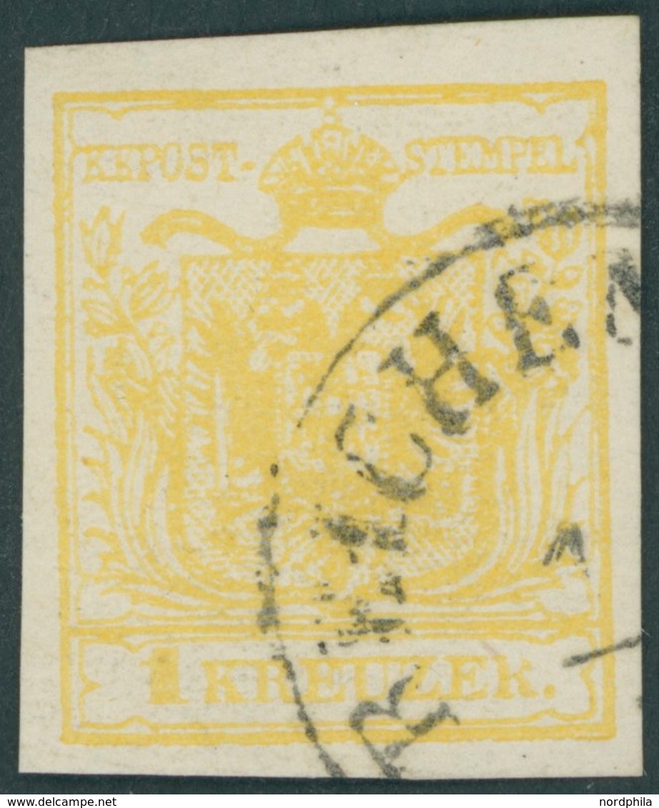 ÖSTERREICH BIS 1867 1Ya O, 1854, 1 Kr. Gelb, Maschinenpapier, Type III, K1 REICHEN..., Pracht, Fotobefund Dr. Ferchenbau - Oblitérés