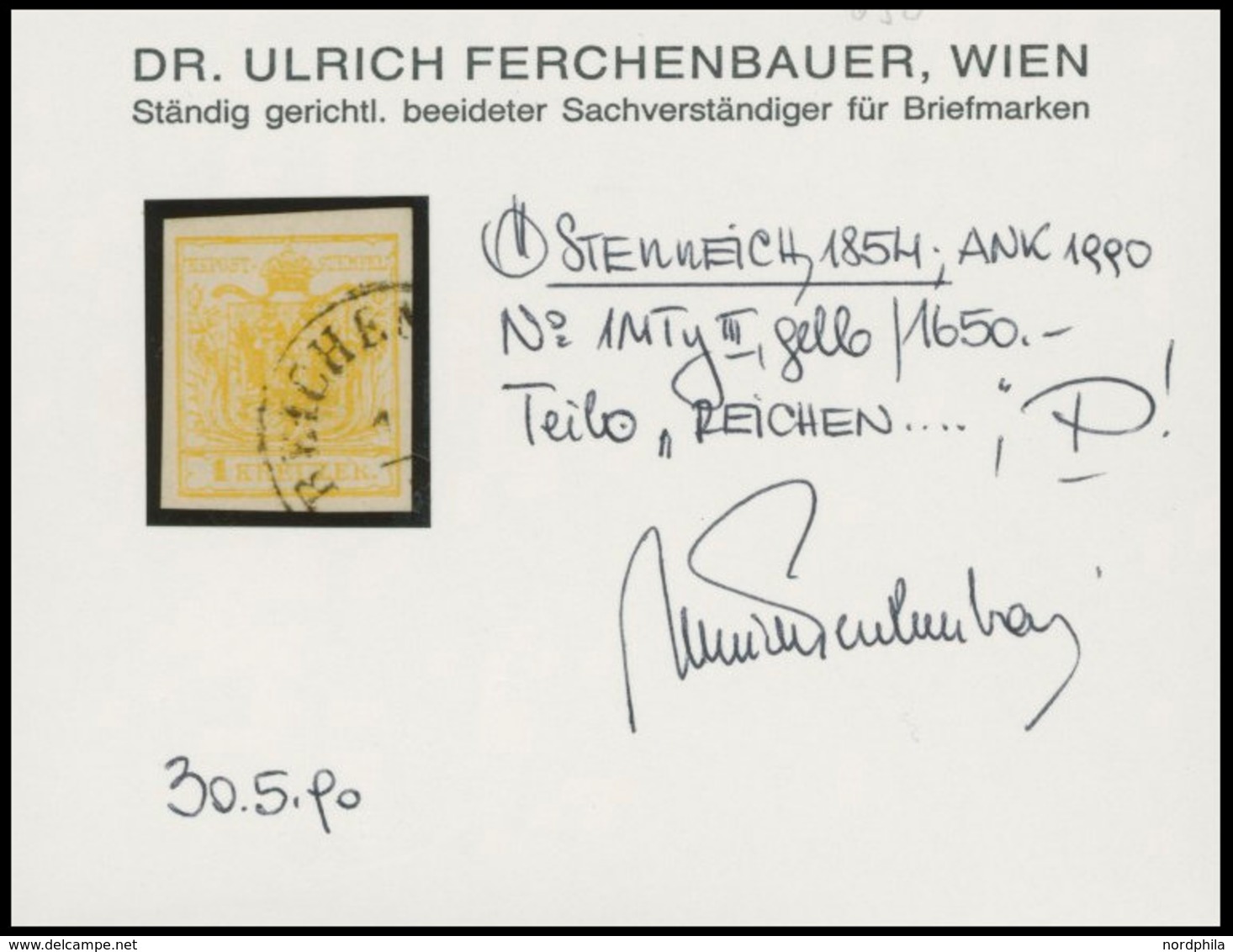 ÖSTERREICH BIS 1867 1Ya O, 1854, 1 Kr. Gelb, Maschinenpapier, Type III, K1 REICHEN..., Pracht, Fotobefund Dr. Ferchenbau - Used Stamps