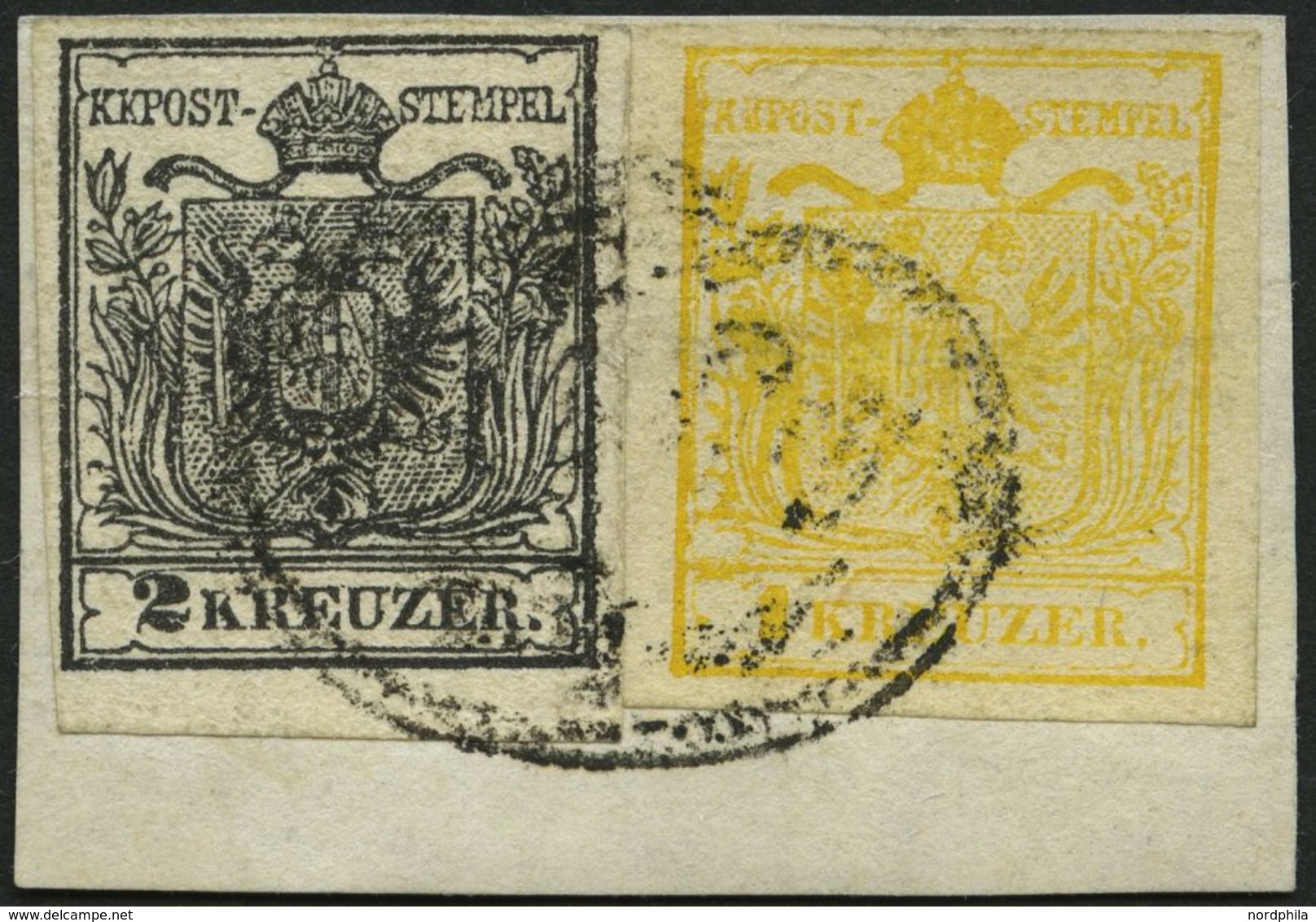 ÖSTERREICH 1,2Ya BrfStk, 1854, 1 Kr. Gelb Und 2 Kr. Schwarz, Maschinenpapier, Zierstempel Imp.-Reg-Vapori (Gardasee), Pr - Oblitérés