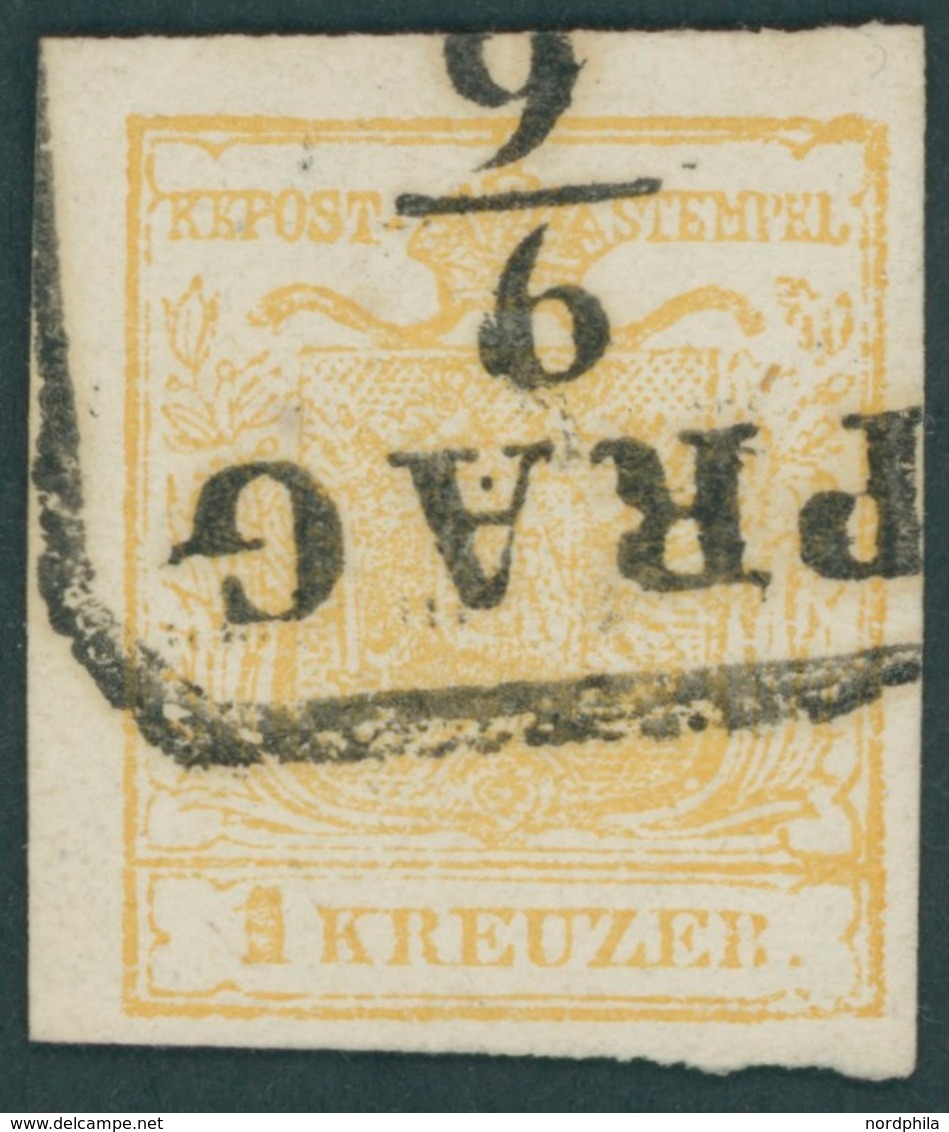 ÖSTERREICH BIS 1867 1Yb O, 1854, 1 Kr. Ockergelb, Maschinenpapier, Type Ib, R4 PRAG, Pracht, Fotobefund Dr. Ferchenbauer - Usados