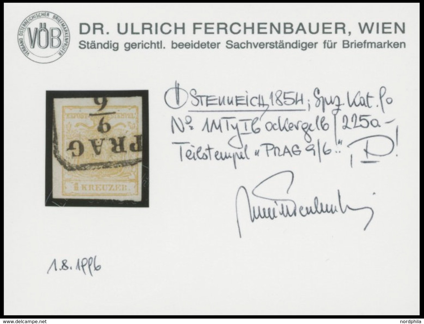 ÖSTERREICH BIS 1867 1Yb O, 1854, 1 Kr. Ockergelb, Maschinenpapier, Type Ib, R4 PRAG, Pracht, Fotobefund Dr. Ferchenbauer - Usados