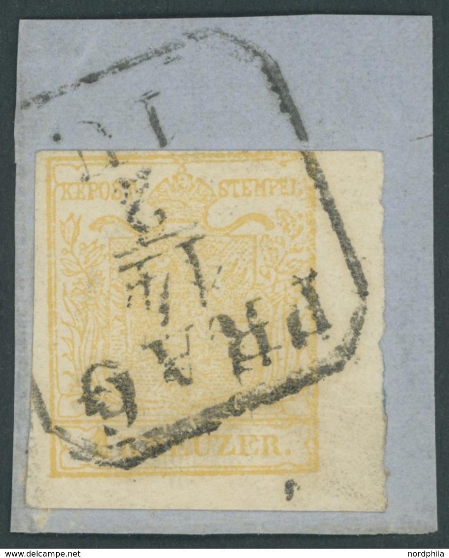 ÖSTERREICH BIS 1867 1Yb BrfStk, 1854, 1 Kr. Ockergelb, Maschinenpapier, Type Ib, Rechtes Randstück 4,5 Mm, R4 PRAG, Oben - Gebruikt