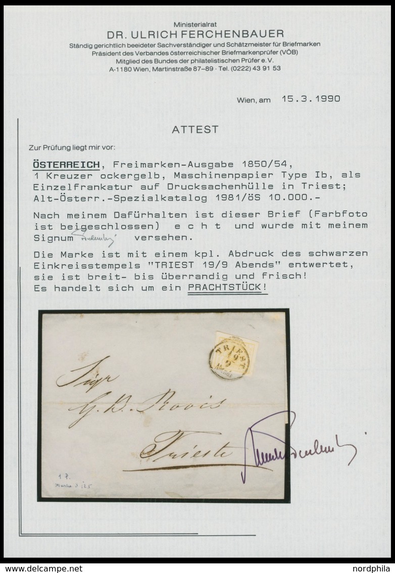 ÖSTERREICH BIS 1867 1Yb BRIEF, 1855, 1 Kr. Ockergelb, Maschinenpapier, Type Ib, Breit-überrandig, Farbfrisch Auf Drucksa - Gebruikt