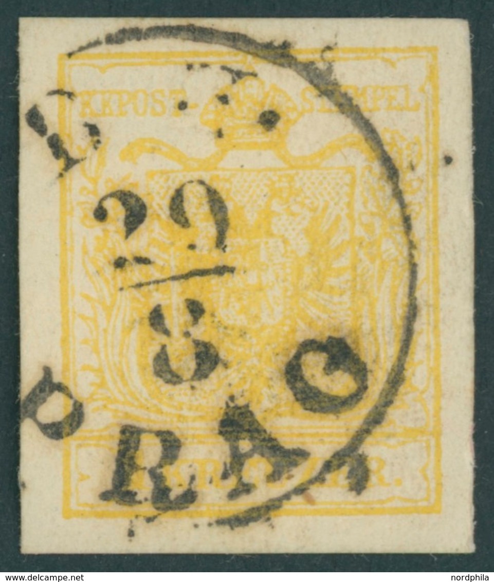 ÖSTERREICH BIS 1867 1Yd O, 1854, 1 Kr. Kadmiumgelb, Maschinenpapier, Type III, K1 B.H. PRAG, Breitrandig, Pracht, Fotobe - Usados