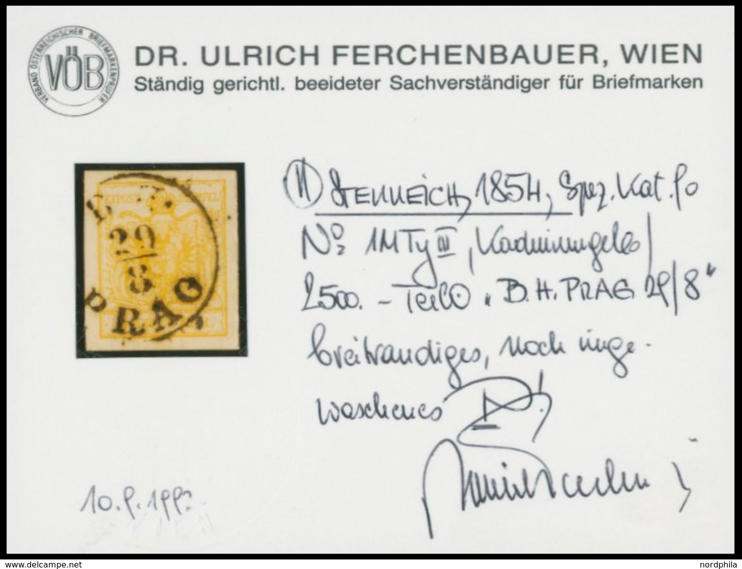ÖSTERREICH BIS 1867 1Yd O, 1854, 1 Kr. Kadmiumgelb, Maschinenpapier, Type III, K1 B.H. PRAG, Breitrandig, Pracht, Fotobe - Used Stamps