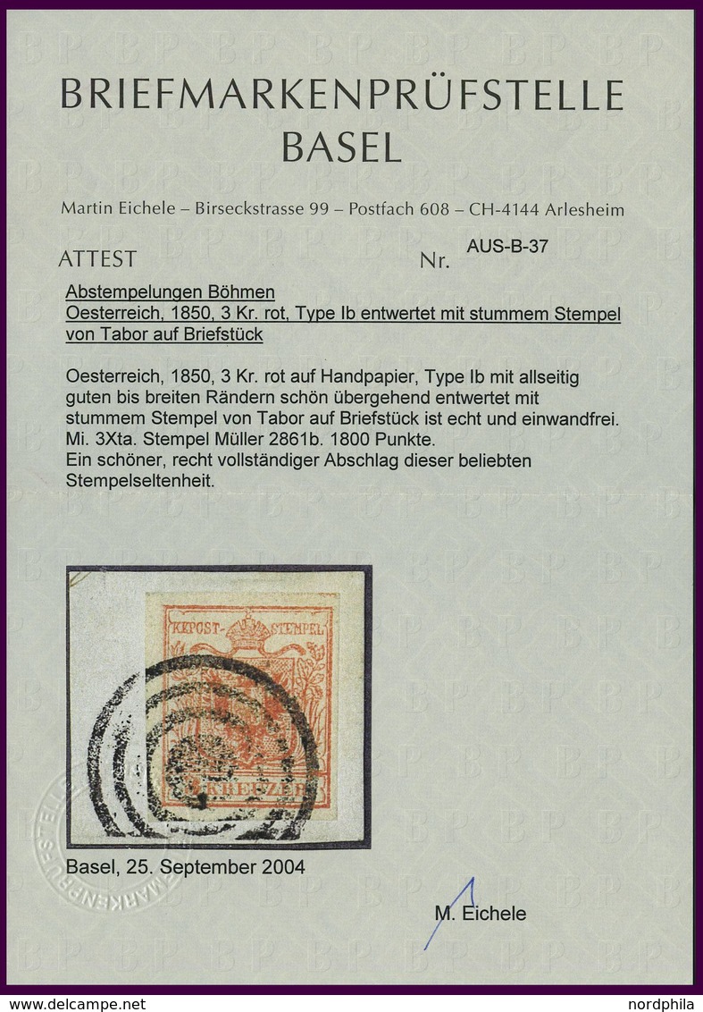 ÖSTERREICH 3X BrfStk, 1850, 3 Kr. Karmin, Handpapier, Type Ib, Mit Stummem Stempel Von TABOR (Müller 2861b), Kabinettbri - Usati