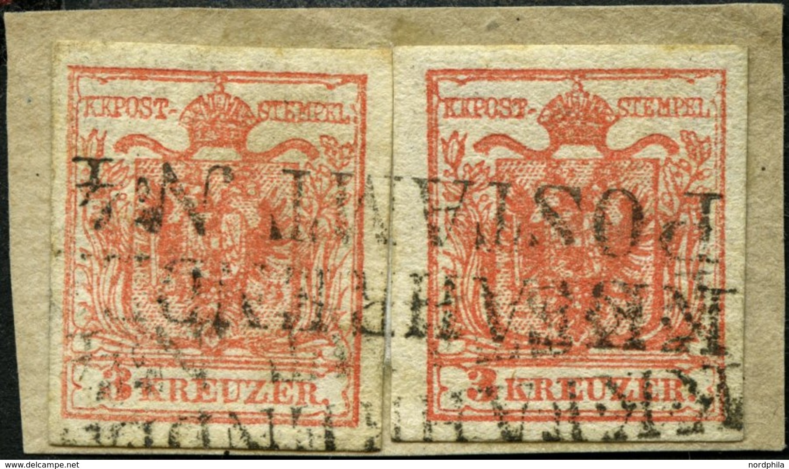 ÖSTERREICH 3X BrfStk, 1850, 3 Kr. Karmin, Handpapier, Type IIIa, 2x Auf Briefstück, Mit L2 K.K. FAHRENDES POSTAMT Nr. 4  - Gebruikt