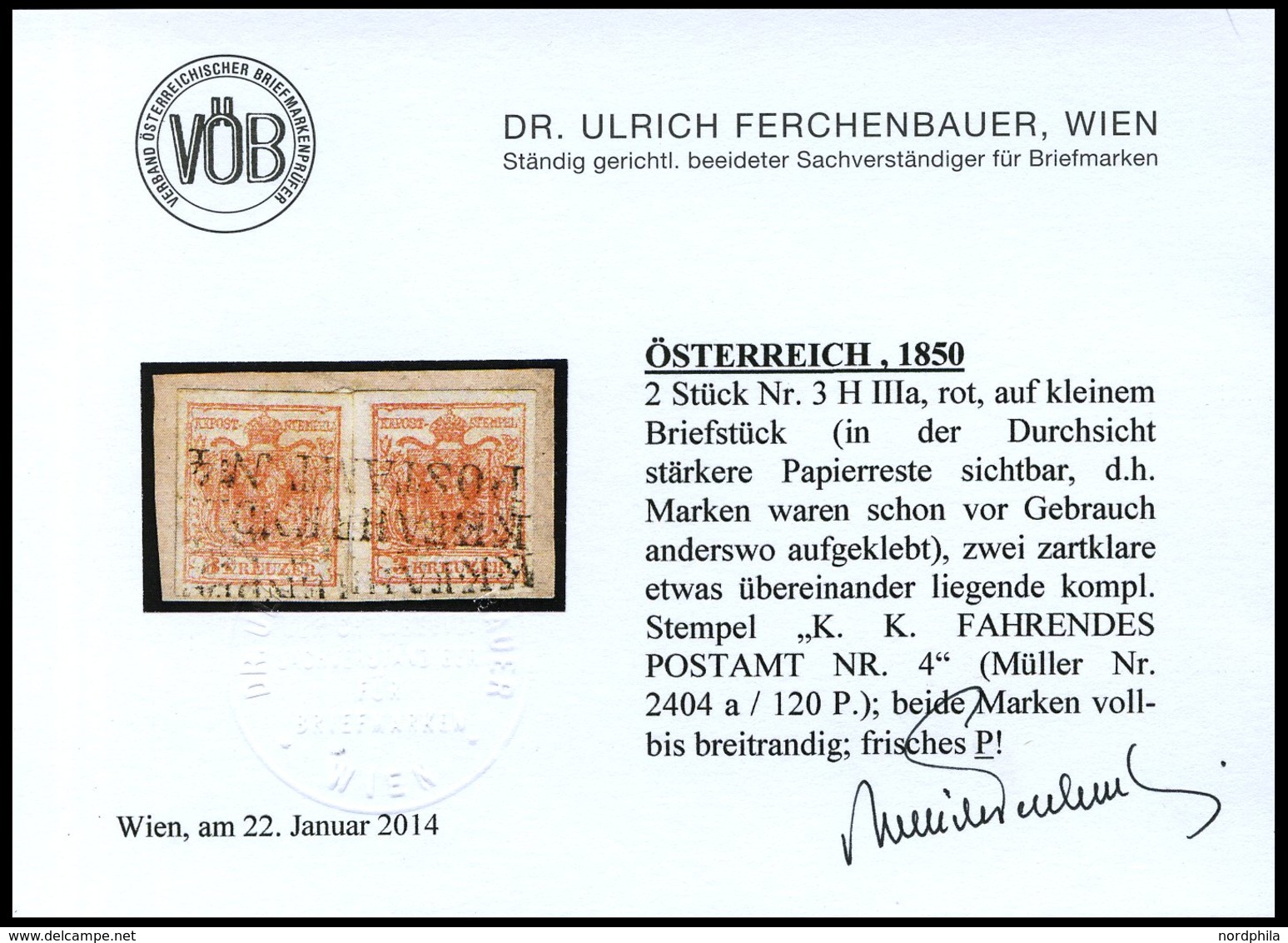 ÖSTERREICH 3X BrfStk, 1850, 3 Kr. Karmin, Handpapier, Type IIIa, 2x Auf Briefstück, Mit L2 K.K. FAHRENDES POSTAMT Nr. 4  - Oblitérés