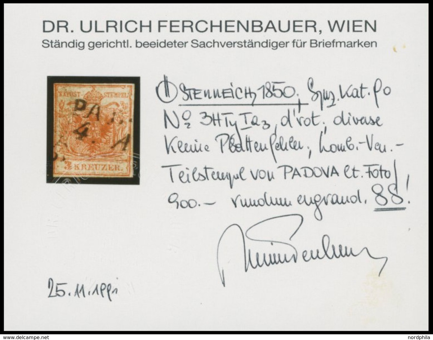 ÖSTERREICH BIS 1867 3Xa O, 1850, 3 Kr. Dunkelrot, Handpapier, Type I, Diverse Kleine Plattenfehler, Lombardei-Venetien-S - Gebruikt