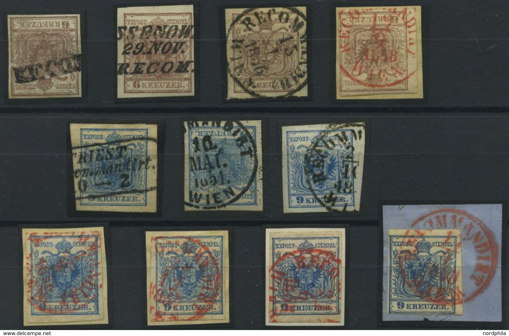 ÖSTERREICH 4/5X,Y BrfStk,o , 1850/4, 6 Kr. Braun Und 9 Kr. Blau, 11 Werte Mit RECOMMANDIRT-Stempeln, Dabei 5 Rote, Meist - Gebruikt