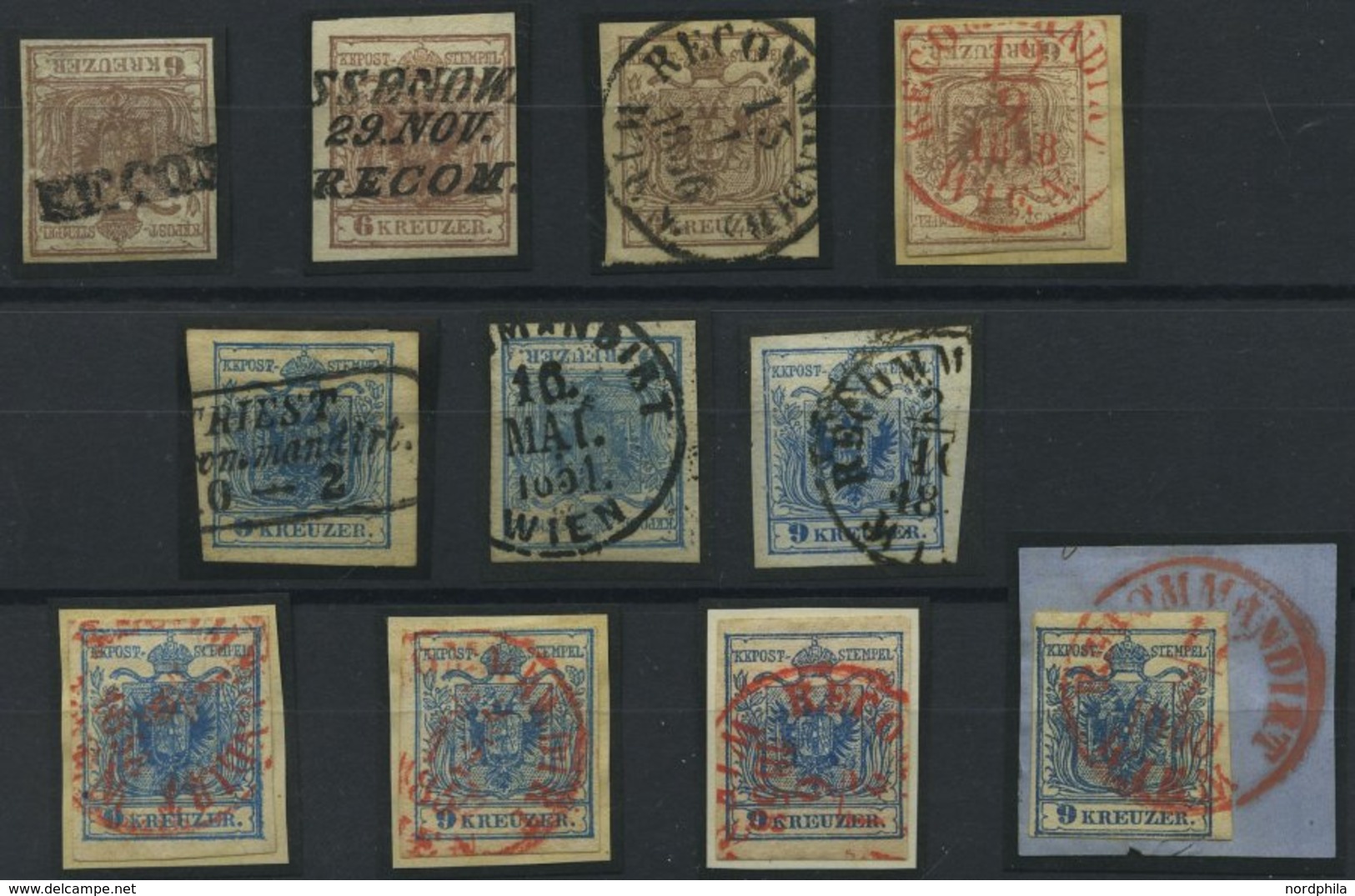 ÖSTERREICH 4/5X,Y BrfStk,o , 1850/4, 6 Kr. Braun Und 9 Kr. Blau, 11 Werte Mit RECOMMANDIRT-Stempeln, Dabei 5 Rote, Meist - Usati