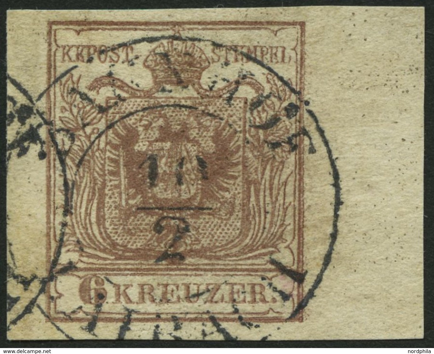 ÖSTERREICH 4Y O, 1854, 6 Kr. Braun, Maschinenpapier, Type III, Randstück Rechts 8 Mm, K2 BAHNHOF LAIBACH, Pracht - Used Stamps