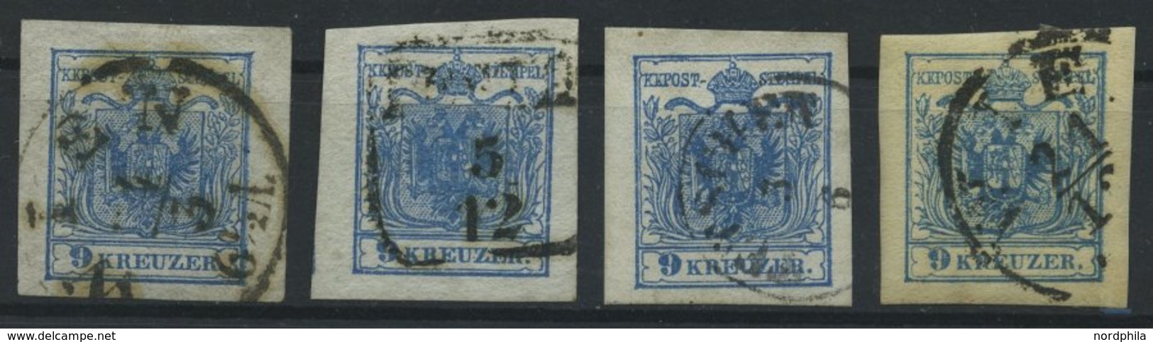 ÖSTERREICH 5X,Y O, 1850/4, 9 Kr. Blau, 4 Allseits Riesenrandige Prachtwerte - Oblitérés