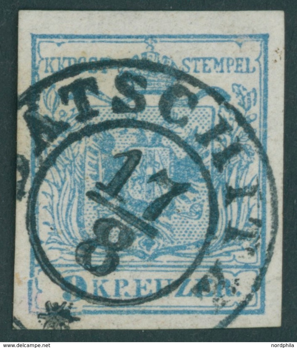 ÖSTERREICH BIS 1867 5Xa O, 1850, 9 Kr. Hellblau, Handpapier, Type Ib, Mit Plattenfehler Gebrochene Linke Untere Ecke, K2 - Usati