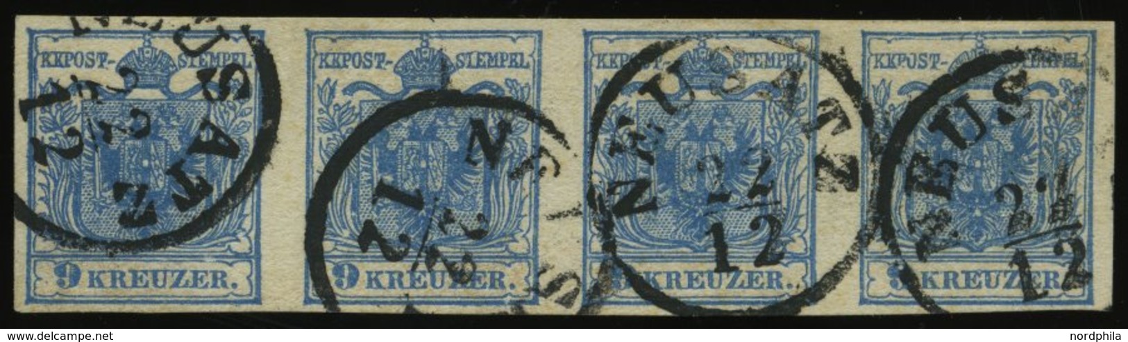 ÖSTERREICH 5Y O, 1854, 9 Kr. Blau, Maschinenpapier, Type IIIb, Im Waagerechten Viererstreifen, K1 NEUSATZ, Pracht, Fotoa - Usados