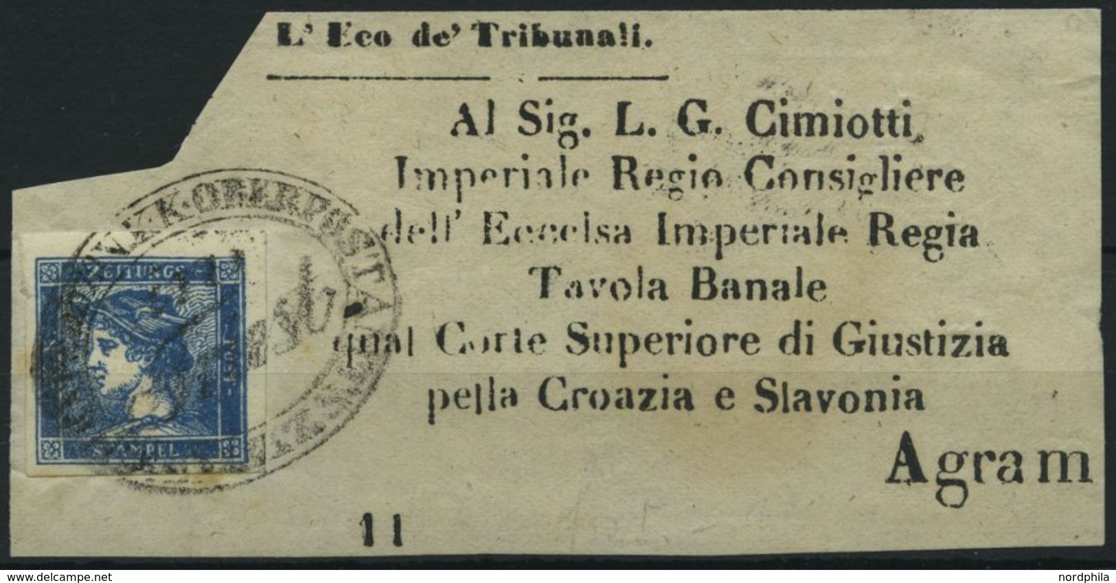 ÖSTERREICH 6I BrfStk, 1851, 0.6 Kr. Blau, Type IIb, Auf Zeitungsadresse Mit Vollständigem Ovalstempel K.K. OBERPOSTAMTSZ - Used Stamps